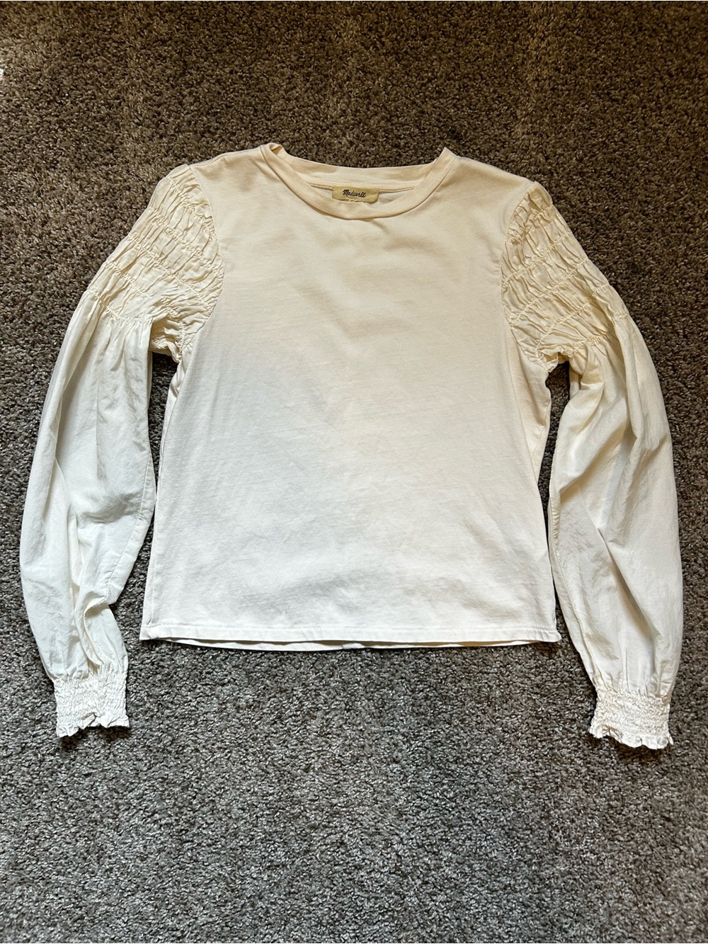 Madewell Cream Long-Sleeve Smocked Shoulder Top